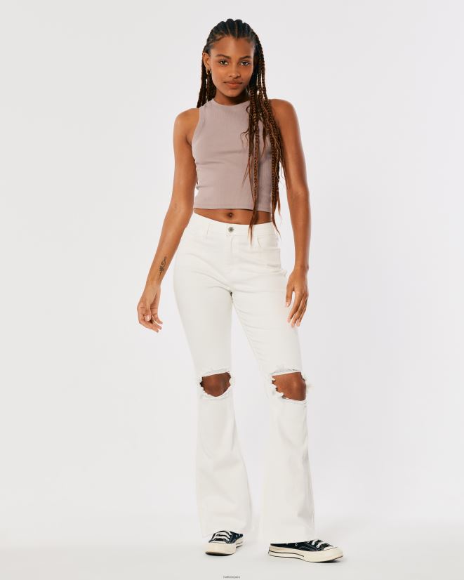 educación física Hollister vaqueros acampanados blancos rotos de tiro alto con curvas blanquecino 086N62756 mujer fondos