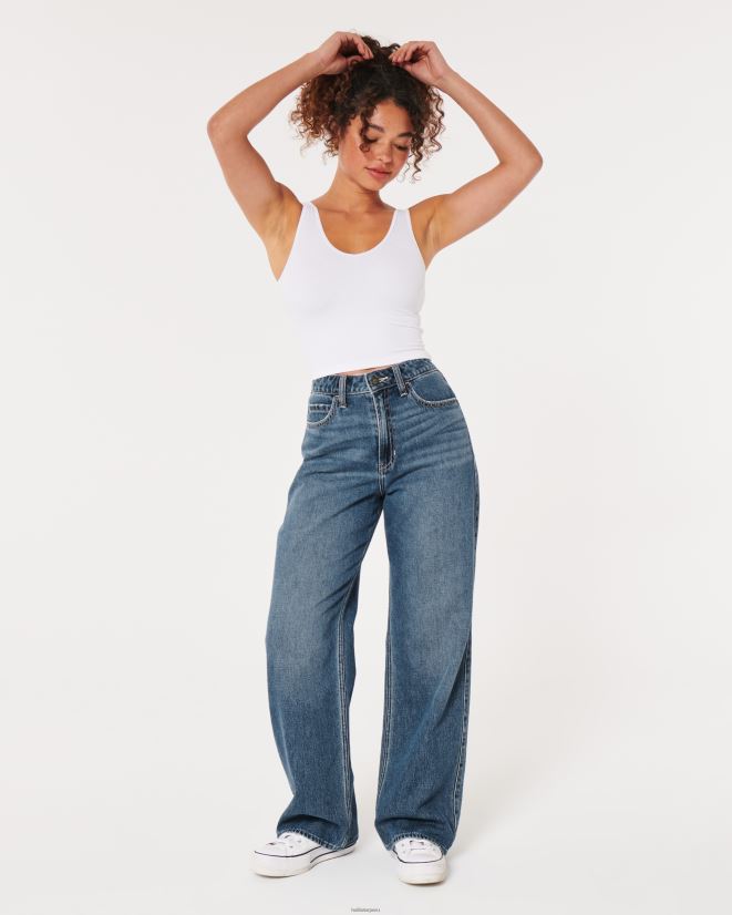 educación física Hollister vaqueros baggy de tiro superalto con lavado oscuro medio lavado oscuro 086N62469 mujer fondos