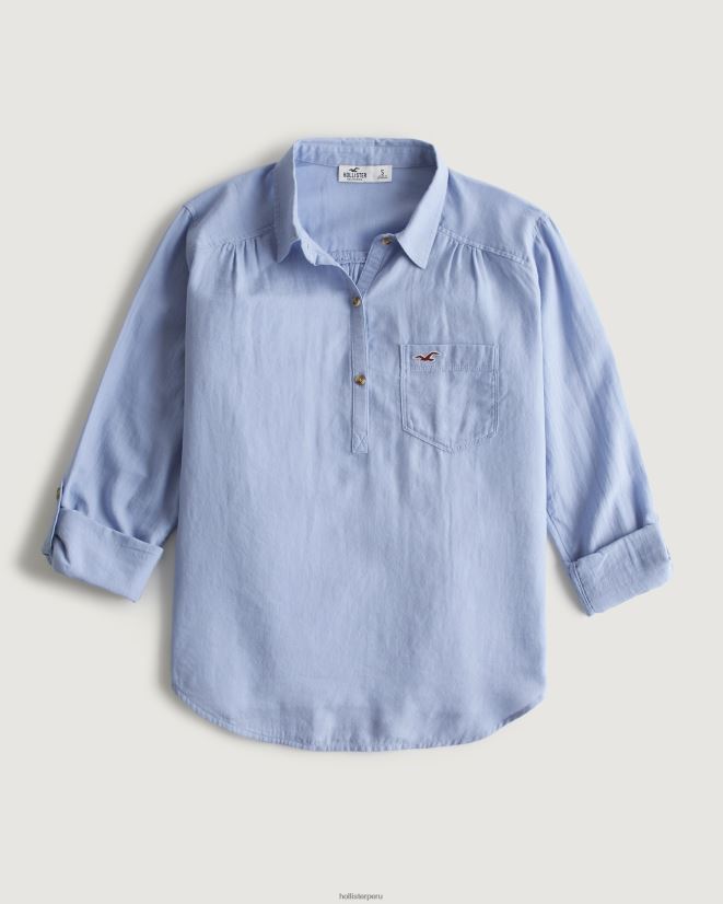 educación física Hollister camisa popover fácil de algodón ligero azul 086N62373 mujer tapas