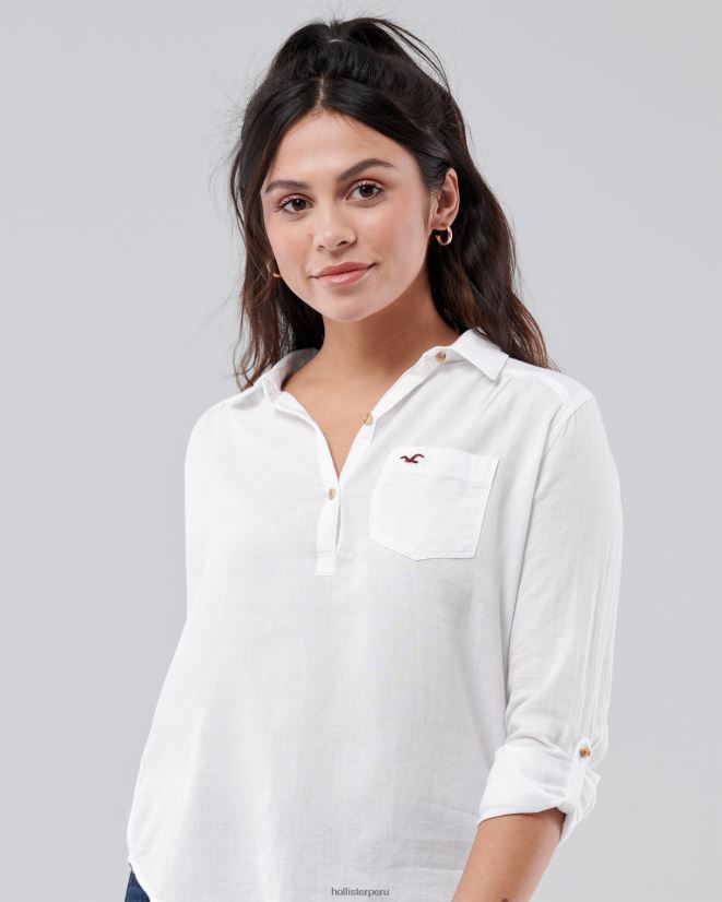 educación física Hollister camisa popover fácil de algodón ligero blanco 086N62302 mujer tapas
