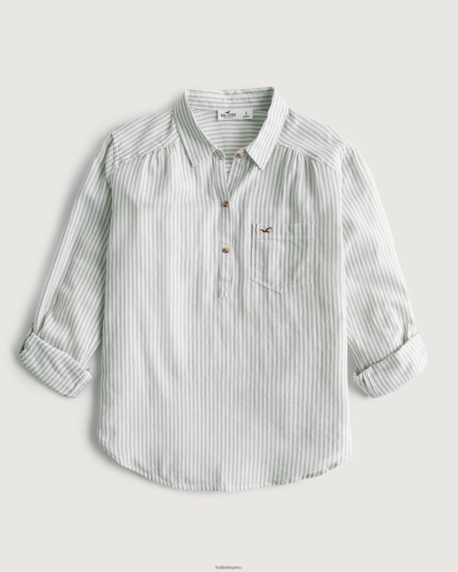 educación física Hollister camisa popover fácil de algodón ligero franja verde salvia 086N62174 mujer tapas