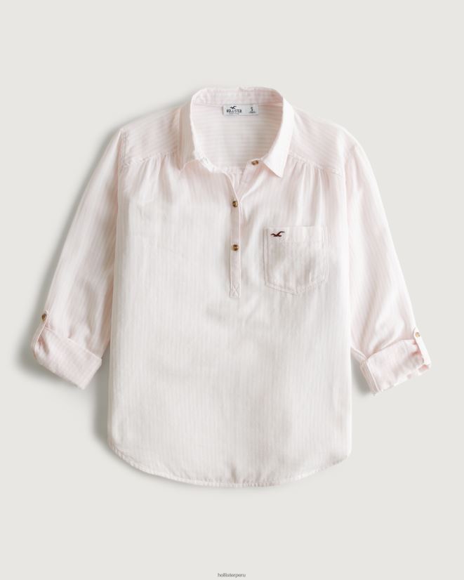 educación física Hollister camisa popover fácil de algodón ligero raya rosa claro 086N62392 mujer tapas