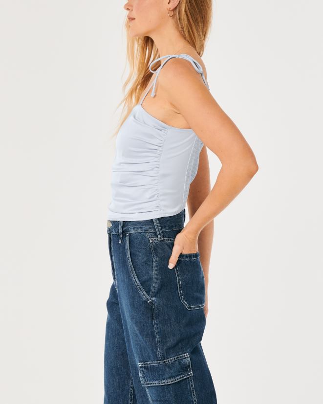 educación física Hollister top fruncido de satén elástico azul claro 086N62324 mujer tapas