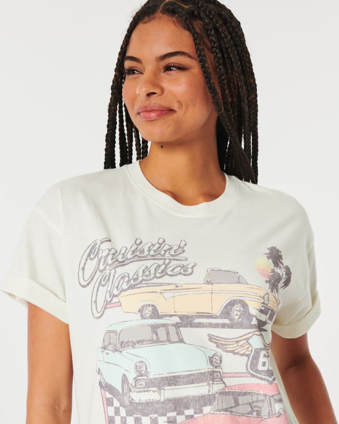 educación física Hollister camiseta extragrande con gráfico de auto clásico blanco 086N6261 mujer tapas