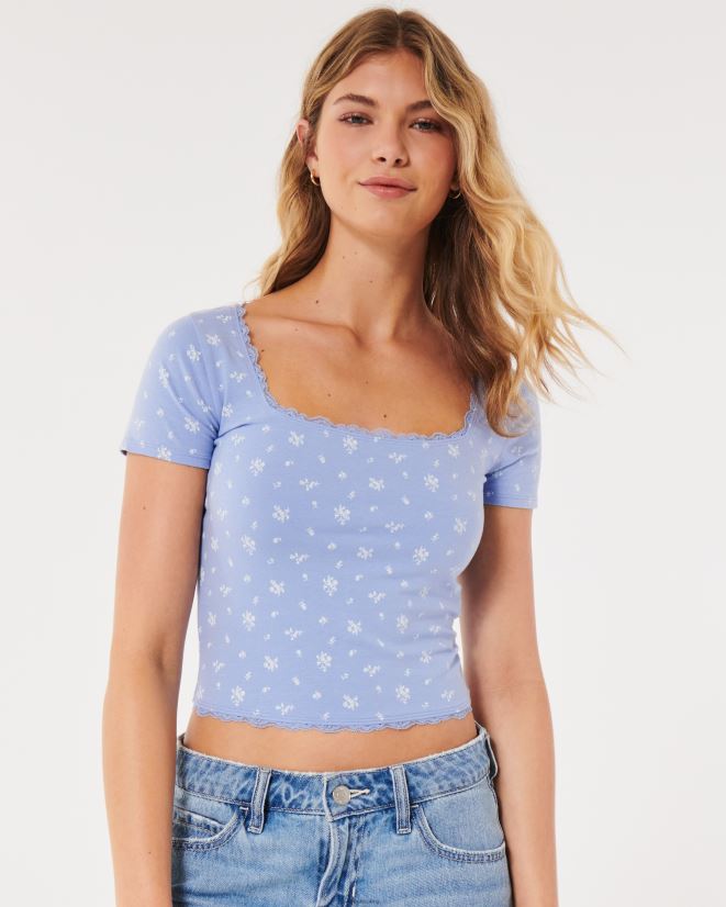 educación física Hollister camiseta para bebé con cuello cuadrado y ribete de encaje floral azul claro 086N62346 mujer tapas
