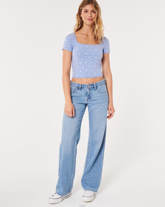 educación física Hollister camiseta para bebé con cuello cuadrado y ribete de encaje floral azul claro 086N62346 mujer tapas