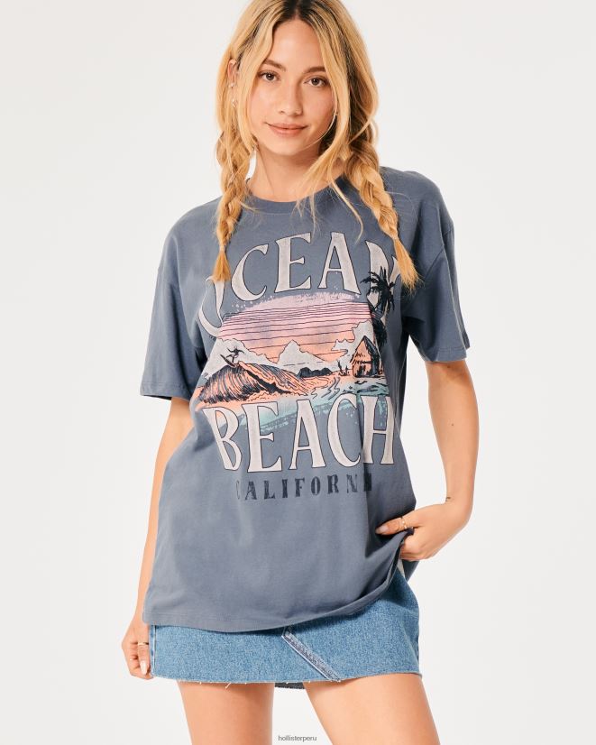 educación física Hollister playera extragrande con gráfico Ocean Beach California azul 086N6210 mujer tapas
