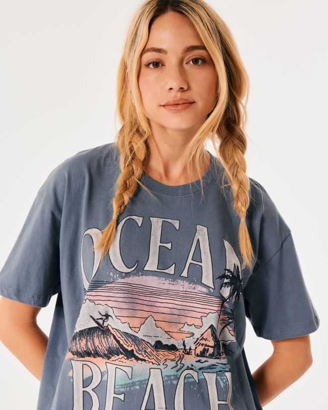educación física Hollister playera extragrande con gráfico Ocean Beach California azul 086N6210 mujer tapas