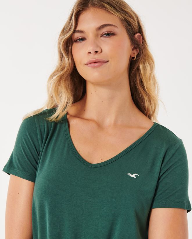 educación física Hollister camiseta Easy Icon con cuello en V verde oscuro 086N6269 mujer tapas