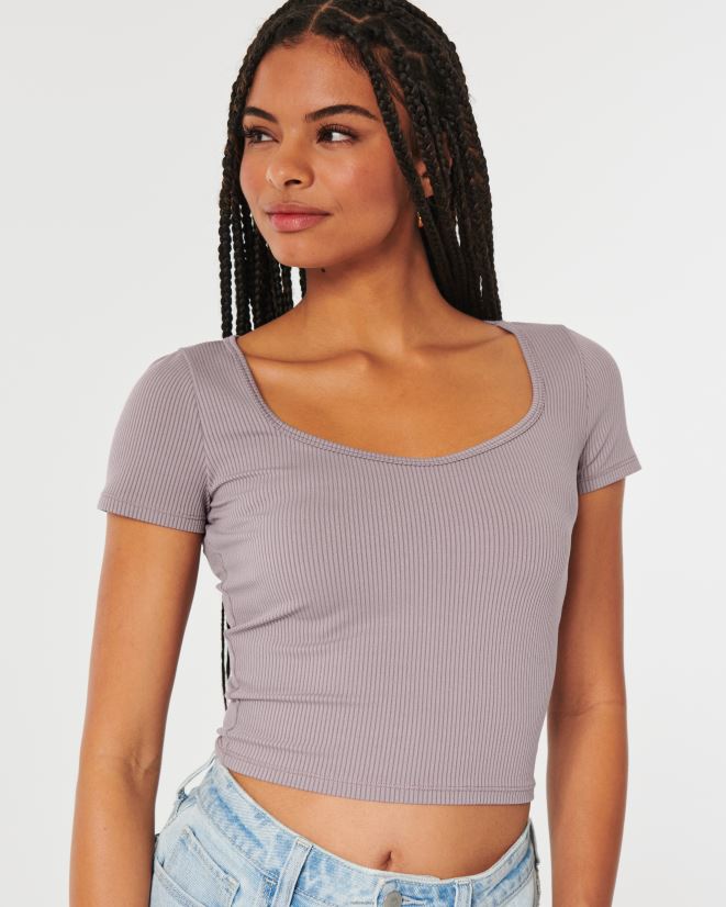 educación física Hollister camiseta de bebé con escote corazón de tejido acanalado sin costuras gris púrpura 086N62326 mujer tapas