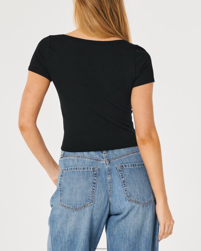 educación física Hollister camiseta de bebé con escote corazón de tejido acanalado sin costuras negro 086N62224 mujer tapas
