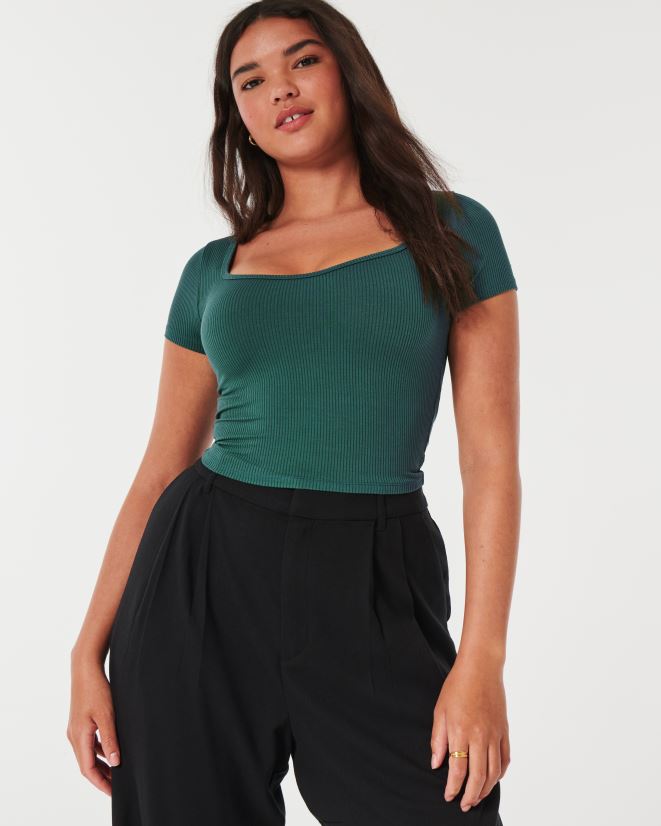 educación física Hollister camiseta de bebé con escote corazón de tejido acanalado sin costuras verde 086N62249 mujer tapas