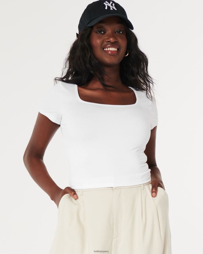 educación física Hollister camiseta de bebé de tejido sin costuras con cuello cuadrado blanco 086N62102 mujer tapas