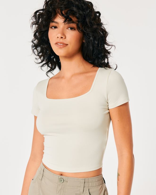 educación física Hollister camiseta de bebé de tejido sin costuras con cuello cuadrado crema 086N62197 mujer tapas