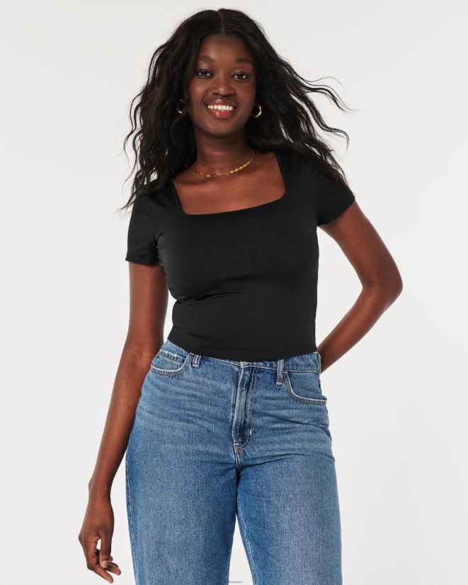educación física Hollister camiseta de bebé de tejido sin costuras con cuello cuadrado negro 086N6267 mujer tapas
