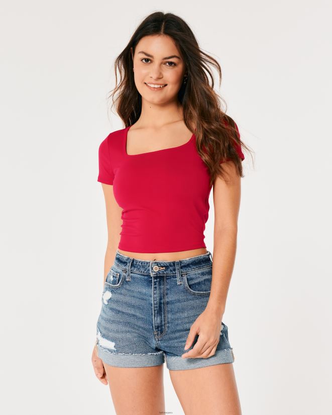 educación física Hollister camiseta de bebé de tejido sin costuras con cuello cuadrado rojo 086N62164 mujer tapas