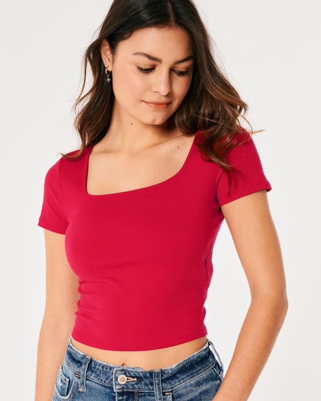 educación física Hollister camiseta de bebé de tejido sin costuras con cuello cuadrado rojo 086N62164 mujer tapas