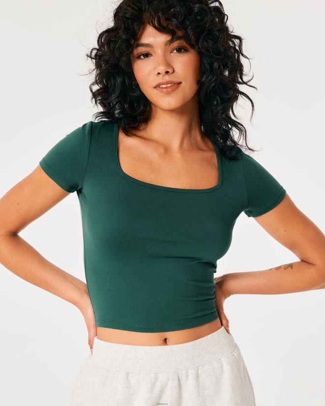 educación física Hollister camiseta de bebé de tejido sin costuras con cuello cuadrado verde 086N62148 mujer tapas