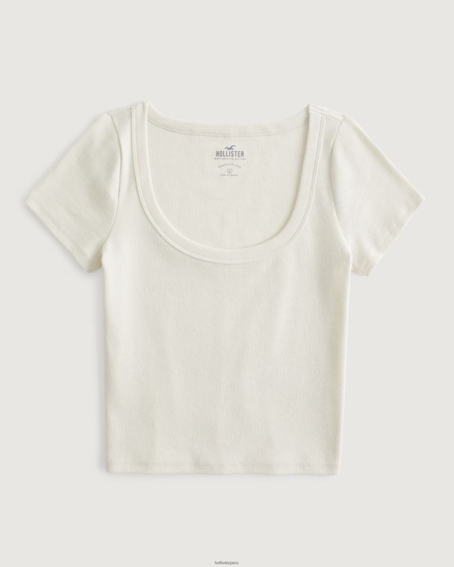 educación física Hollister camiseta de canalé con escote redondo crema 086N62228 mujer tapas