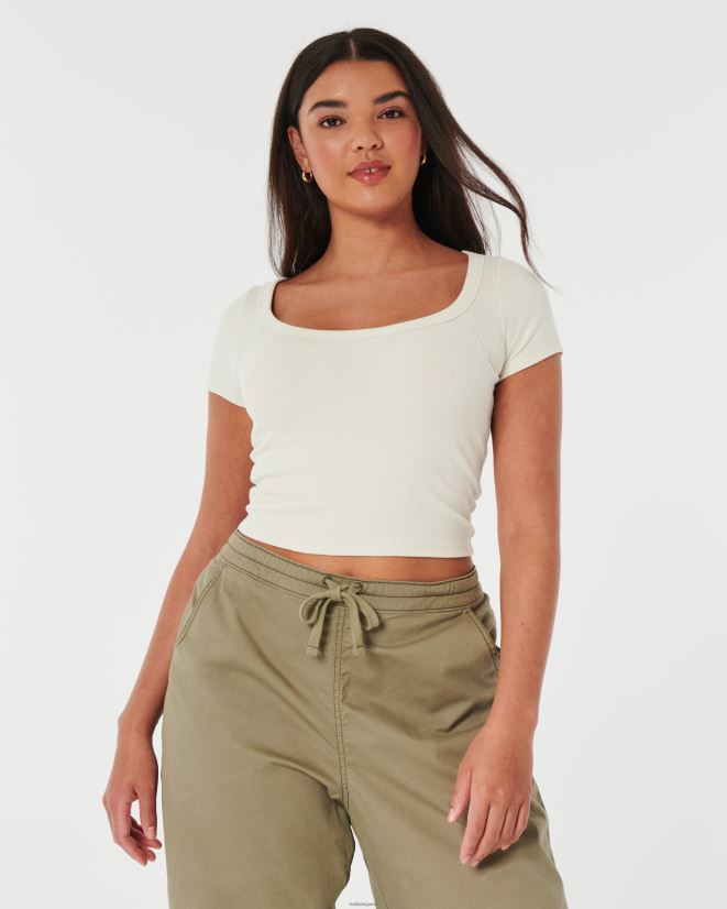 educación física Hollister camiseta de canalé con escote redondo crema 086N62228 mujer tapas