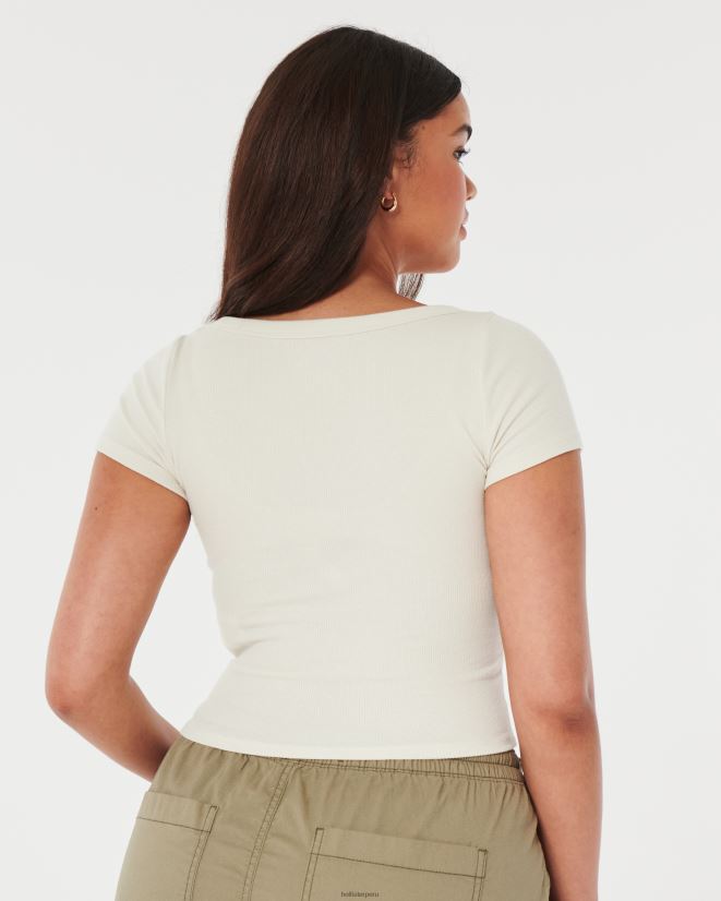 educación física Hollister camiseta de canalé con escote redondo crema 086N62228 mujer tapas
