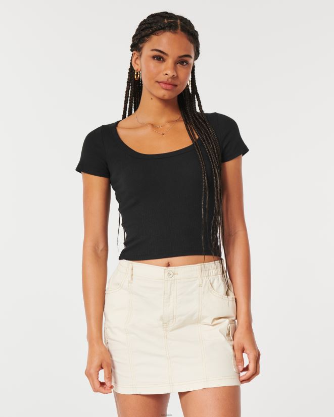 educación física Hollister camiseta de canalé con escote redondo negro 086N6272 mujer tapas