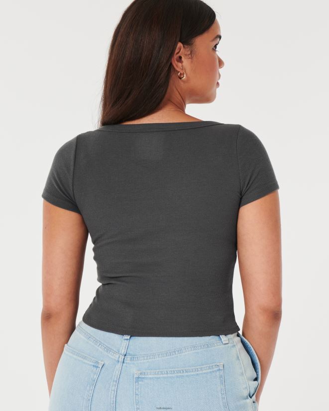educación física Hollister camiseta de canalé con escote redondo piso gris oscuro 086N62270 mujer tapas