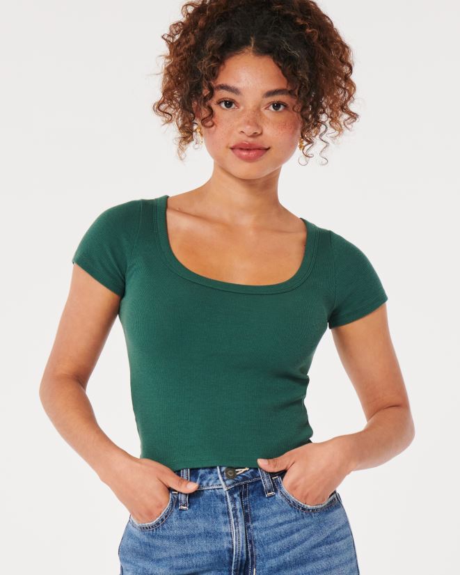 educación física Hollister camiseta de canalé con escote redondo verde oscuro 086N62212 mujer tapas