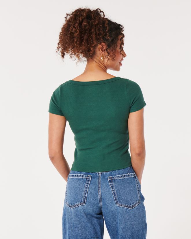 educación física Hollister camiseta de canalé con escote redondo verde oscuro 086N62212 mujer tapas