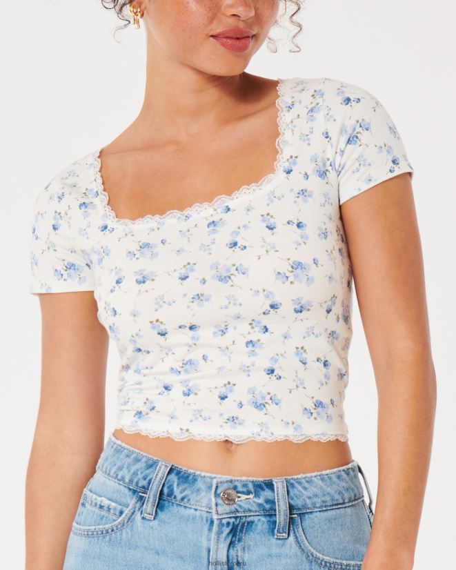 educación física Hollister camiseta para bebé con cuello cuadrado y ribete de encaje flores blancas 086N6237 mujer tapas