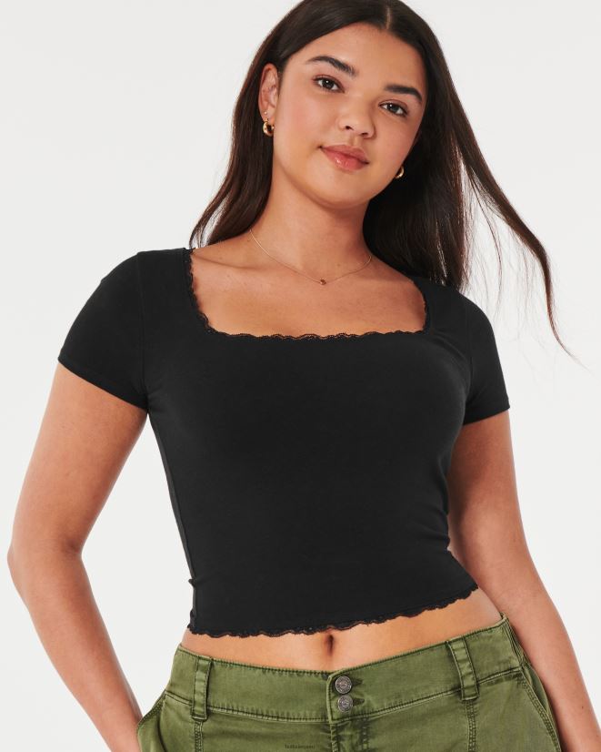 educación física Hollister camiseta para bebé con cuello cuadrado y ribete de encaje negro 086N62124 mujer tapas