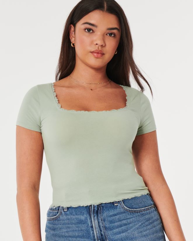 educación física Hollister camiseta para bebé con cuello cuadrado y ribete de encaje verde salvia 086N62232 mujer tapas