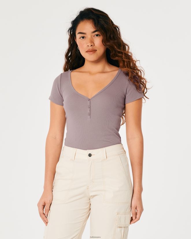 educación física Hollister henley de manga corta con cuello en v gris púrpura 086N6287 mujer tapas