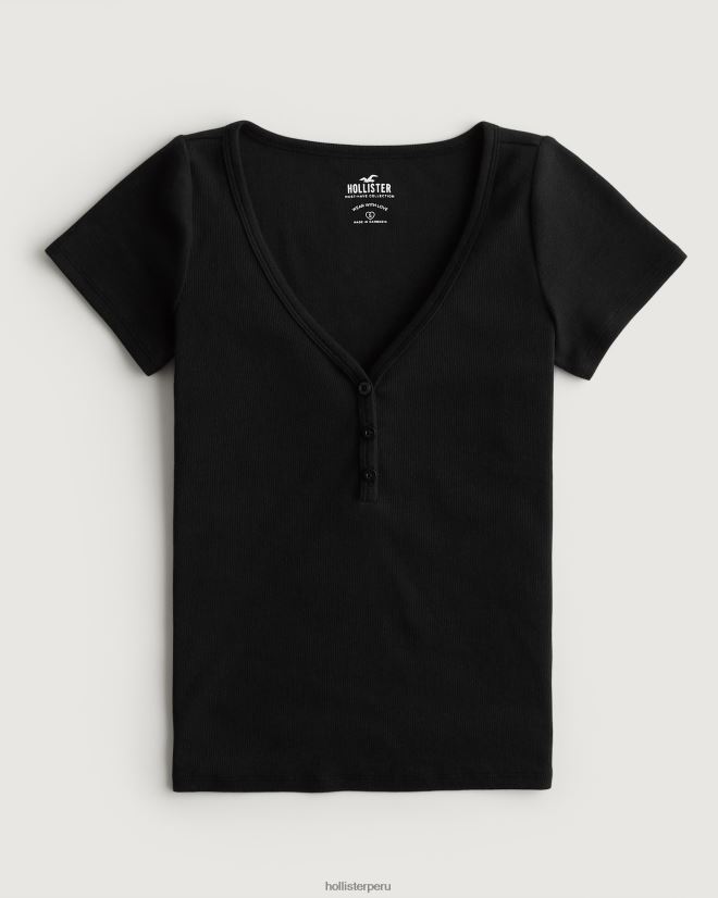 educación física Hollister henley de manga corta con cuello en v negro 086N62167 mujer tapas