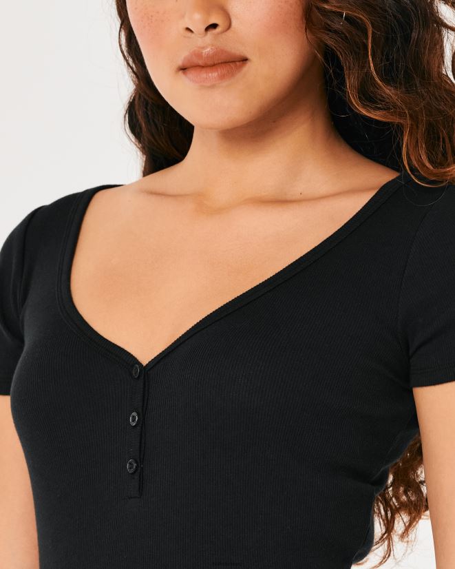 educación física Hollister henley de manga corta con cuello en v negro 086N62167 mujer tapas
