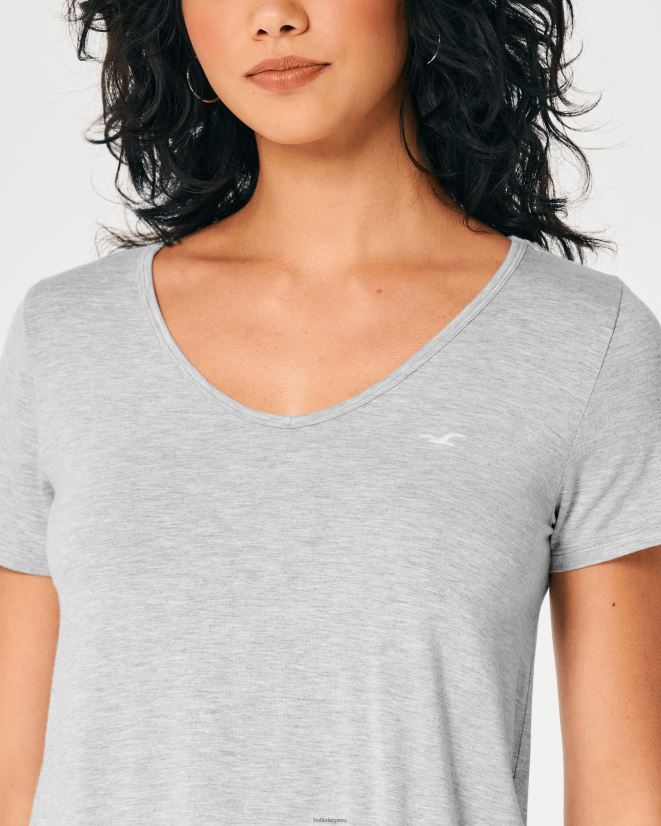 educación física Hollister playera con cuello en V y logo Ícono fácil cuero gris 086N62219 mujer tapas