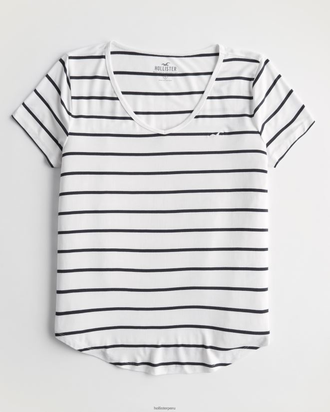 educación física Hollister playera con cuello en V y logo Ícono fácil raya blanca 086N62204 mujer tapas
