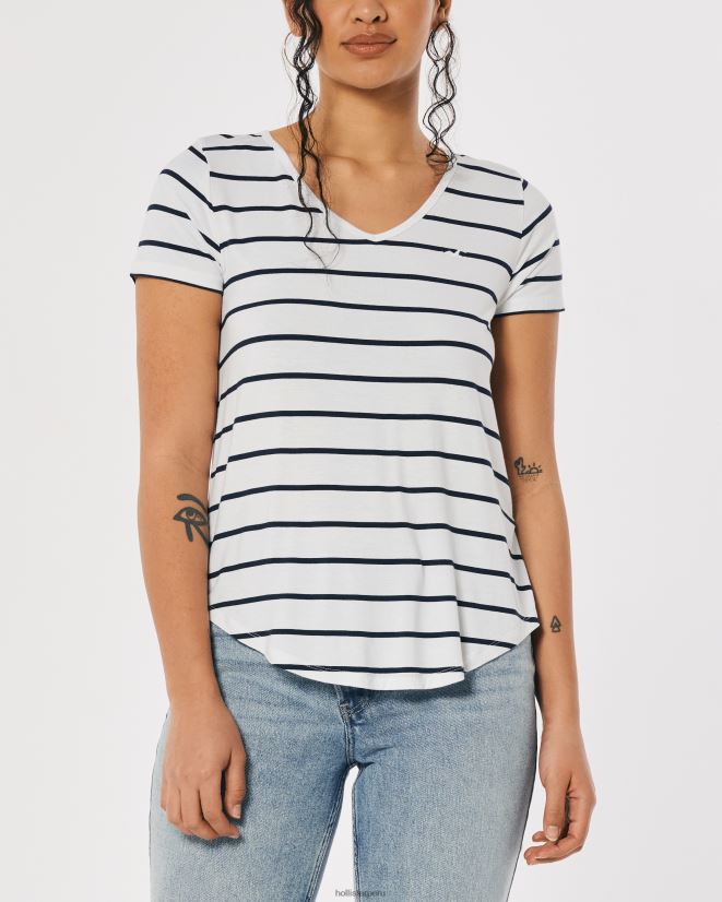 educación física Hollister playera con cuello en V y logo Ícono fácil raya blanca 086N62204 mujer tapas