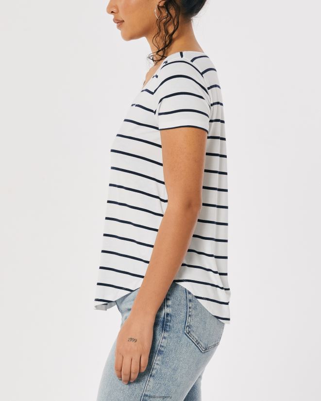 educación física Hollister playera con cuello en V y logo Ícono fácil raya blanca 086N62204 mujer tapas