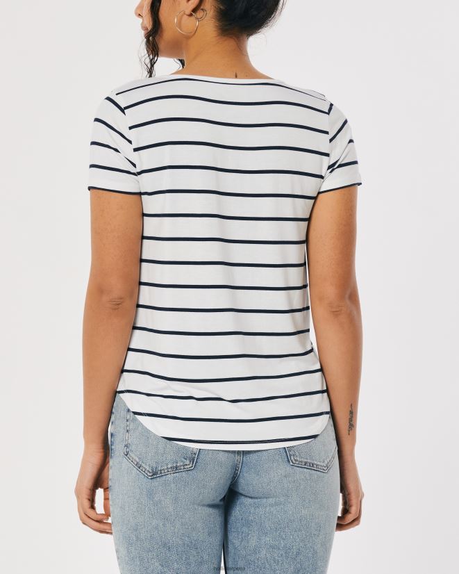 educación física Hollister playera con cuello en V y logo Ícono fácil raya blanca 086N62204 mujer tapas
