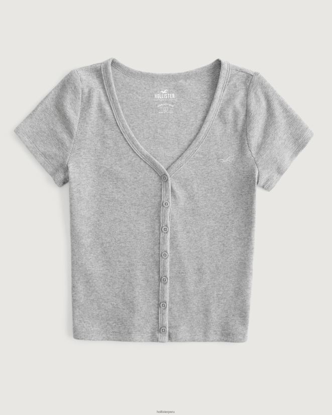 educación física Hollister top de canalé con botones y cuello en V cuero gris 086N62335 mujer tapas