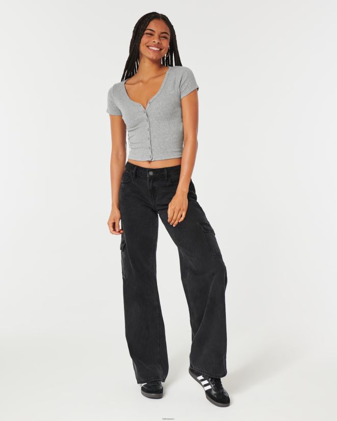 educación física Hollister top de canalé con botones y cuello en V cuero gris 086N62335 mujer tapas