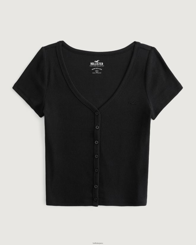 educación física Hollister top de canalé con botones y cuello en V negro 086N62243 mujer tapas