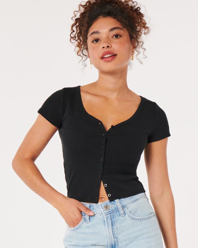 educación física Hollister top de canalé con botones y cuello en V negro 086N62243 mujer tapas