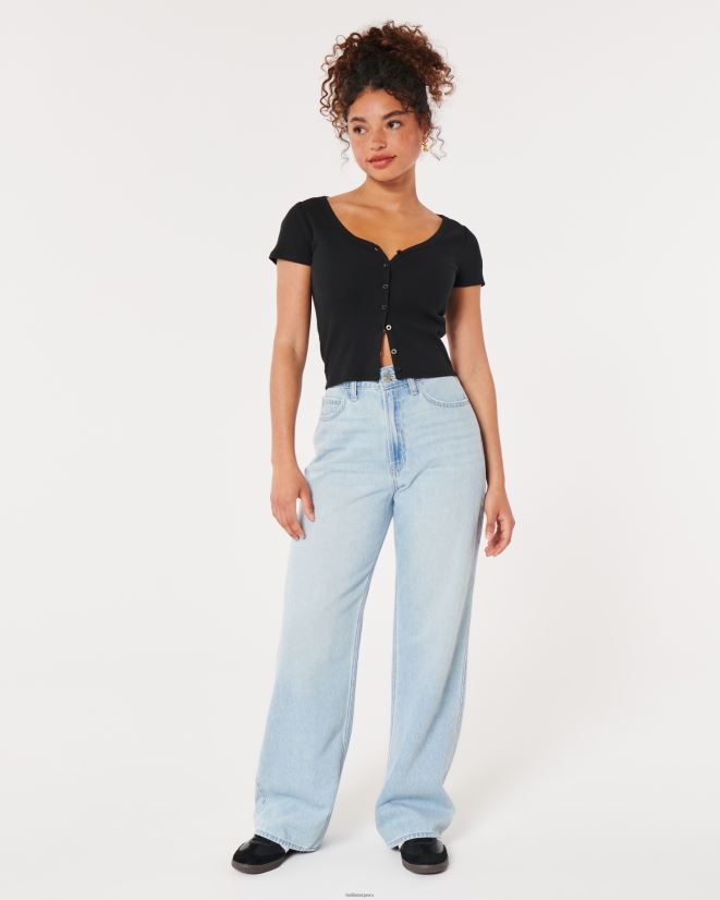 educación física Hollister top de canalé con botones y cuello en V negro 086N62243 mujer tapas