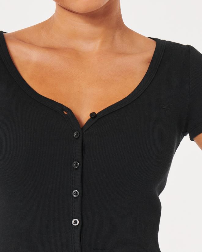 educación física Hollister top de canalé con botones y cuello en V negro 086N62243 mujer tapas