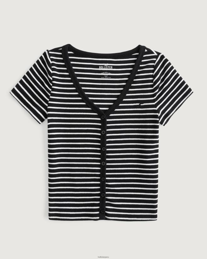 educación física Hollister top de canalé con botones y cuello en V raya blanca 086N62348 mujer tapas