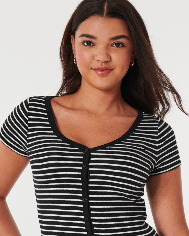 educación física Hollister top de canalé con botones y cuello en V raya blanca 086N62348 mujer tapas