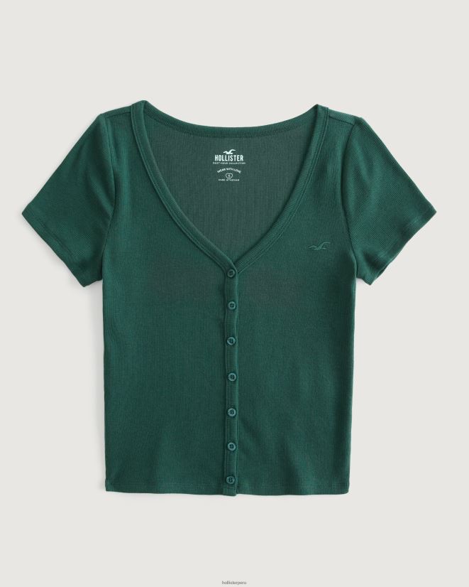 educación física Hollister top de canalé con botones y cuello en V verde oscuro 086N62235 mujer tapas