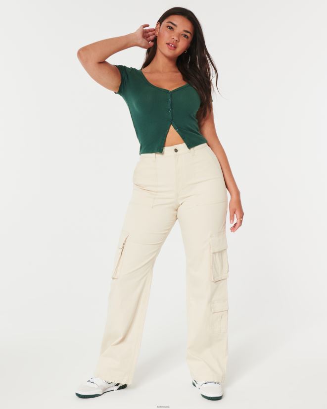 educación física Hollister top de canalé con botones y cuello en V verde oscuro 086N62235 mujer tapas